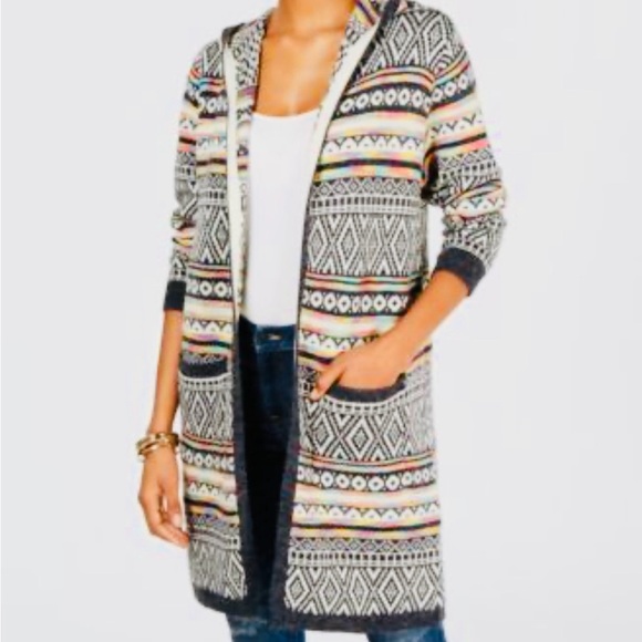 Monteau Sweaters - Monteau Hooded Intarsia Duster Cardigan NWOT SIZE SMALL